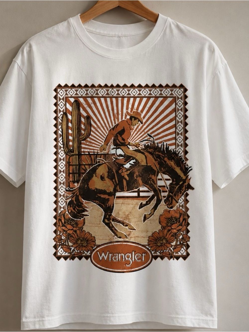 Gildan White Tee with Brown and Tan Rodeo Bucking Horse Graphic